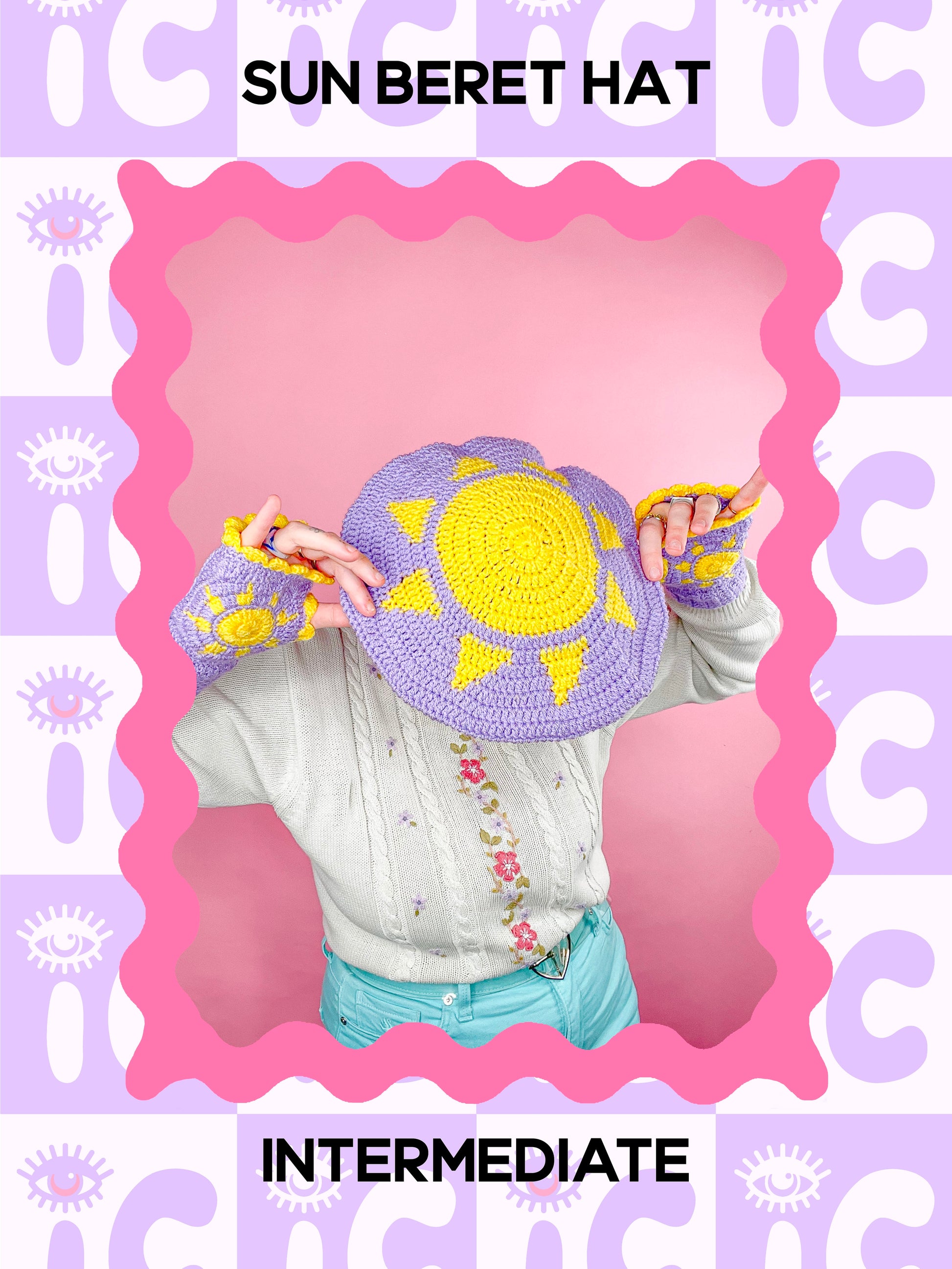 A pattern cover of a woman wearing a lilac crochet beret with a sun on the top of it with the words 'sun beret hat' and the skill level 'intermediate' around it.